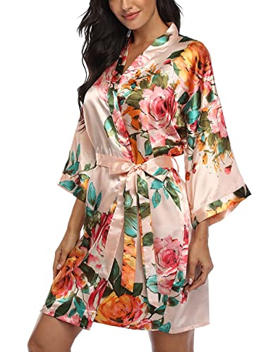Image of VOGMATE Floral Silk Robes for Women Short Satin Kimono Bride Bridesmaid Robes Bathrobe