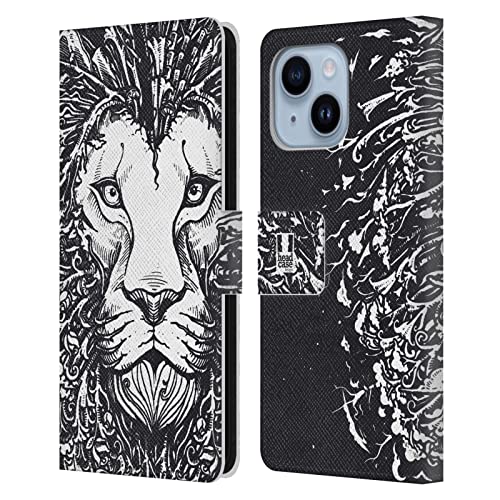 Housse Cuir Apple iPhone 14 Plus Étui Portefeuille Antichoc Lion Mix Doodle Head Case