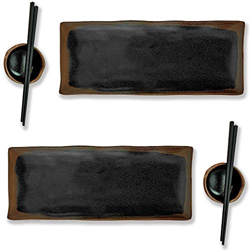 AtoZ Creations Sushi Plate Set 100 Melamine sushi plate set black with brown rippled trim 2 x three piece sets with sushi platesauce dish&chopsticksDishwasher safe for easy clean up