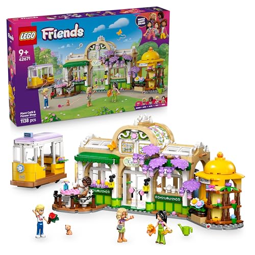LEGO Friends Café des Plantes et Kiosque à Fleurs - Jouet de Construction - 4 Mini-Poupées, Figurine Chat, Tramway & Accessoires de Cuisine Dont Tasses & Théière - Cadeau pour Fille dès 9 Ans 42671