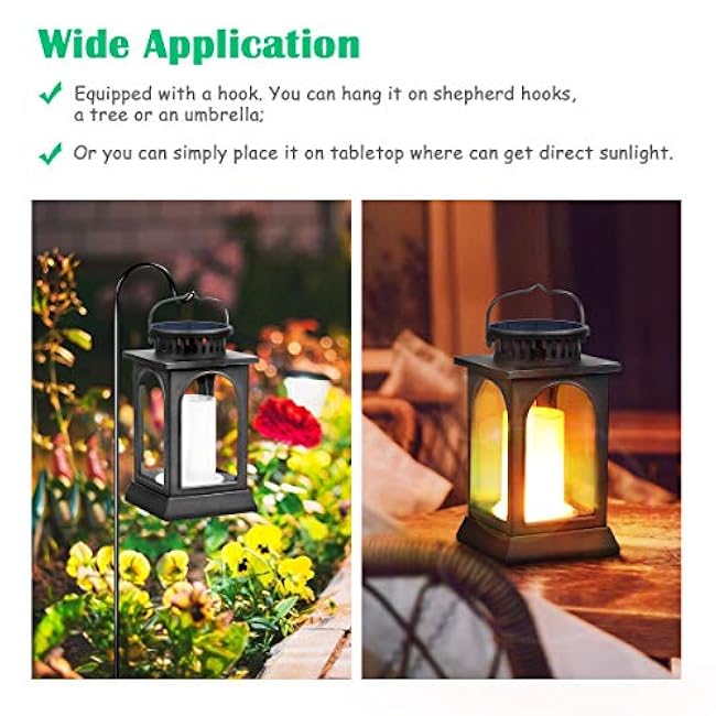 TomCare Solar Lights Flickering Flame Upgraded Metal Solar Lantern Outdoor Hanging Decorative Lanterns Heavy Duty Solar Powered Waterproof Outdoor Lighting for Patio Garden Deck Yard, 2 Pack (Black)