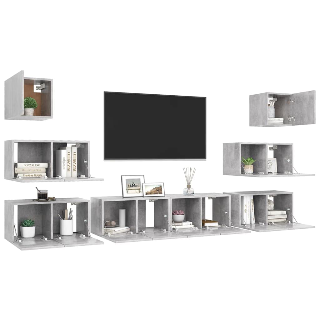 Set di 8 mobili per TV in legno grigio cemento, montaggio a parete con vano portaoggetti, per soggiorno, gaming e home theatre