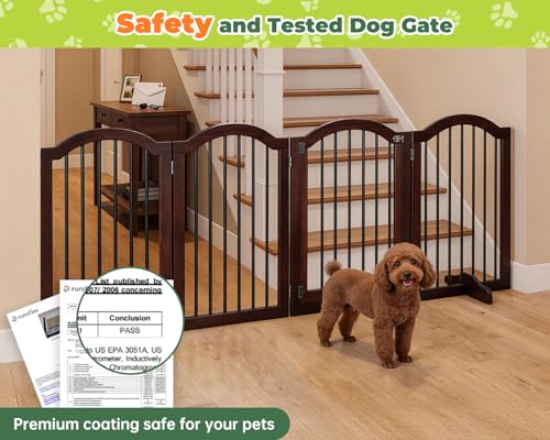 PrimeZone 96" Wide Dog Gate with Door 30" Tall 4-Panel Pet Gate Indoor | Solid Acacia Wooden Freestanding Puppy Gates, Foldable Dog Fence for Doorways, Stairs, Support Feet Included, Brown - Image 4