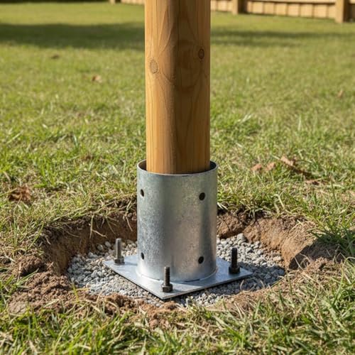 Miniatura 7 de Suinga Base Para Poste 10 Cm Zincada Acero Pack 5 Soportes Para Postes De Madera Redondos Para Anclaje En Suelo Escuadras Metalicas De Altura 15 Cm Para Fijacion De Vallas, Vigas Madera