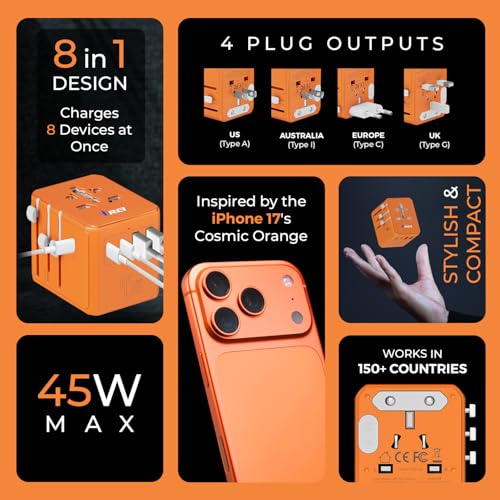 Image of Orei 45Watt Universal Charger Adapter | 3X USBC 2XUSB A - 6-in-1 International Travel Adapter | Universal Travel Adapter Compatible 150+ Countries | Type C, A, G, I Compatible, Cosmic Orange