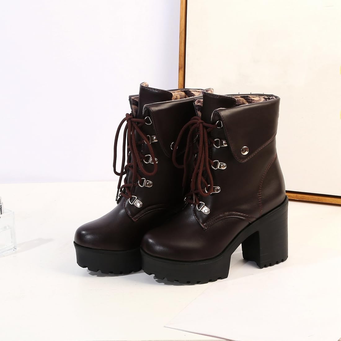 VOKLIN Women's Round Toe Platform Dressy Ankle Boots Lace Up Cuff Chunky Block High Heel Dress Short Booties