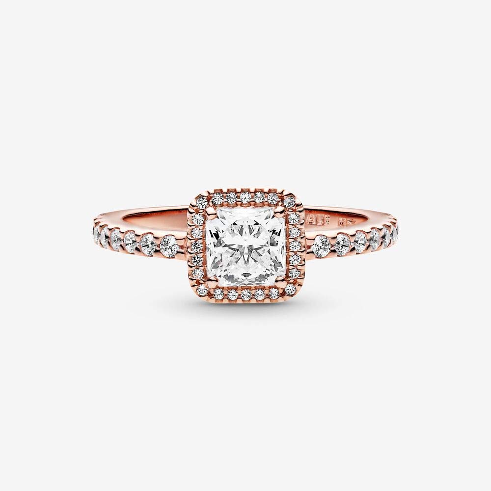 PANDORA Timeless - Anello punto luce quadrato, placcato in oro rosa 14k, con pietre di zirconia cubica incolori
