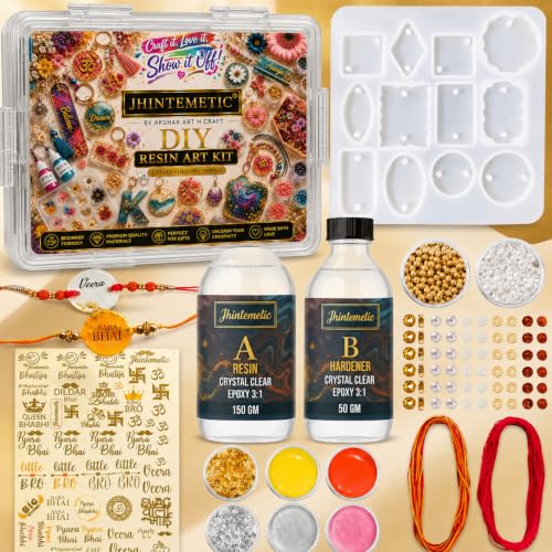Image of JHINTEMETIC Resin Art Kit with Moulds for Rakhi Making DIY | 200gm Epoxy Resin, 12 Cavity Mould, Beads & Threads, Pigments & Foil Flakes, 30 Stickers Included