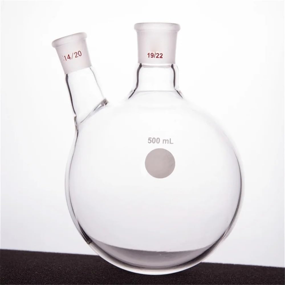 Laborglaswaren Dickwandige, schräge Flasche mit zwei Hälsen, Form eines Zweihalskolbens, Fassungsvermögen 500 ml, Borosilikatglas, F41(500mL-F414509)