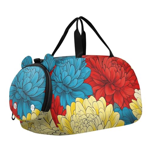 Kids Sports Duffel Bag for Boys & Girls - Colorful Floral Chrysanthemum Pattern 100% Polyester Gym Bag with Separate Shoe Compartment, Adjustable Shoulder Strap, Compact Travel & Workout Gea