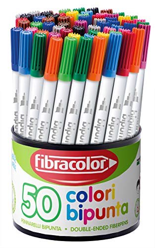 FIBRACOLOR Marqueurs Bipunta, pot 50 feutres en 50 couleurs différentes, pointe conique et pointe fine, double trait d'écriture, superlavables