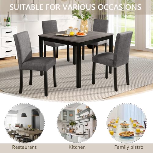 Image of KEIKI 5-Piece Standard Height Dining Table Set with Square Table and 4 Upholstered Curved Backrset Chair, for 4 Person, Modern Wooden Table Set, Easy Assembly, for Kitchen, Dining Room, Black+Gray