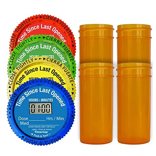 TimerCap Automatically Displays Time Since Last Opened - Built-in Stopwatch Smart Pill Bottle Cap Medication Reminder Case ( Qty 4 - 1.8 oz Amber Bottles) EZ -Twist / CRC