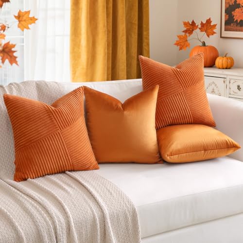 Housses de coussin en velours côtelé patchwork orange au fini doux pour décoration raffinée - 5