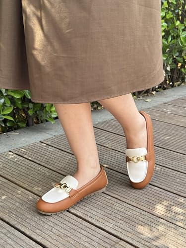 Image of VERDASCO Womens Loafers Casual Slip On Flat Shoes Moccasins Penny Loafers Comfortable Bussiness Dress Shoes Leather Brown White 6