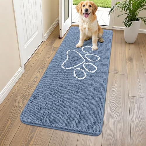 Image of Smiry Dog Door Mat for Muddy Paws, Absorbent Dirt Trapper Non Slip Quick Dry Washable Chenille Mat for Mud Dogs, Entry Rug for Indoor and Outdoor (59x24 Inches, Airy Blue and White)