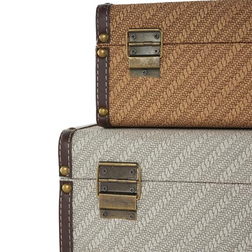 Image of Deco 79 Wooden Decorative Trunk Vintage Studded Woven Storage Decorative Large Boxes with Bronze Latches and Brown Handles, Set of 2 Storage Trunks 16 inch, 14 inchW, Multi Colored