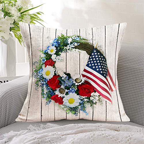 Qinqingo 4Th Of July Pillow Covers Set Of 4 Vintage Wood Grain Memorial Day American Flag Flower Wreath Patriotic Throw Pillow Covers Cushion Case Independence Day Home Decor (Wreath, 22" X 22") #TOP4