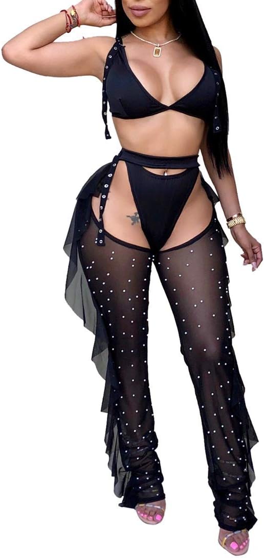 OLUOLINWomen Beading Pearl See Through Sheer Mesh 2 Pieces Outfits Jumpsuits Crop Top and Hollow Out Ruffle Long Pants