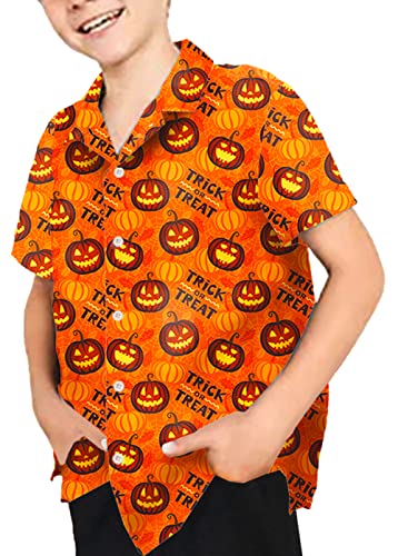 Image of Boys Pumpkins Button Down Shirts Girls Kids Halloween Short Sleeve Top Orange 11-12 Years