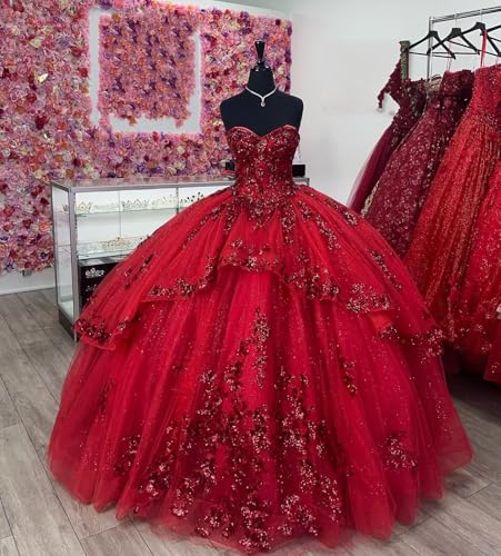 2025 Glitter 3D Floral Flowers Patterned Lace Ball Gown Prom Formal Dresses Strapless Lace Glitter Tulle3