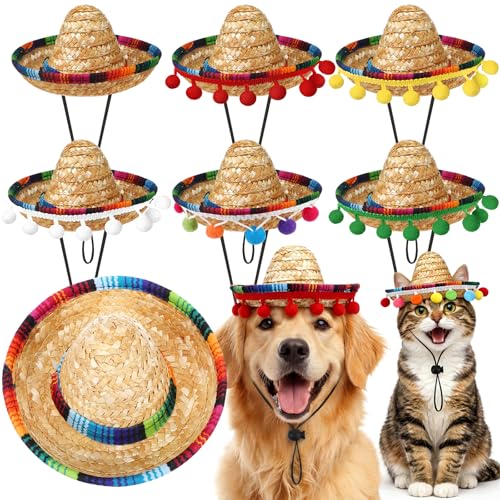 Shinylin 6 Pcs Cinco De Mayo Dog Straw Sombrero Hats with Felt Pom Balls Mini Mexican Costume Hats with Chin Strap for Pets