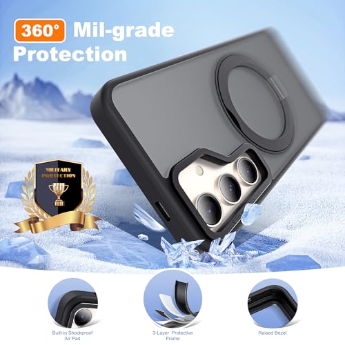Image of Compatible with Samsung Galaxy S24 Plus Case with 360Rotatable Magnetic Ring Stand Compatible with Mag-Safe Military Protection Matte Translucent Phone Case for Galaxy S24+,Black