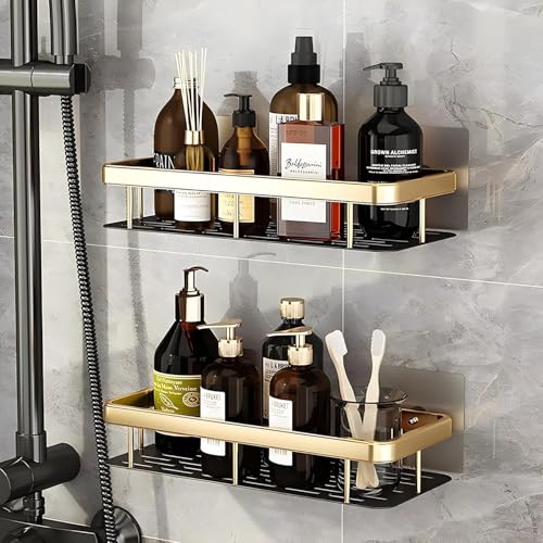 Image of Bathroom Accessories - Multipurpose Aluminium Bathroom Shelf for Wall, Self-Adhesive Wall Mounted Bathroom Organiser Without Drill (2, Bathroom Shelf - Gold)