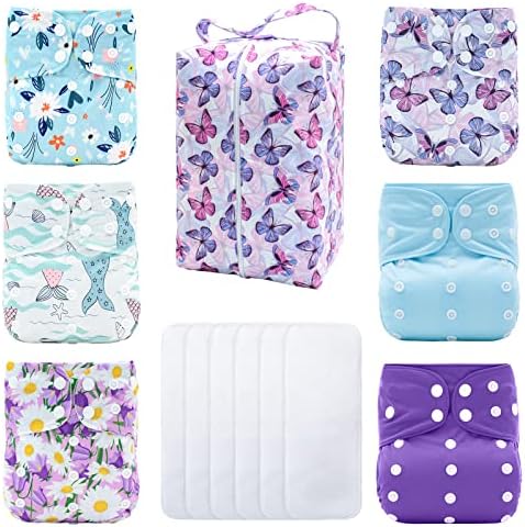 Mumsbest Cloth Diaper for Baby Girls and Boys with Tummy Panel, 6 Pack Reusable Adjustable Washable AWJ Lining Pocket Nappy with 6 Inserts & 1 Diaper Wet Bag (Plants Flowers Animals 04)