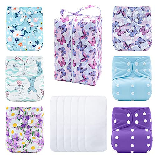 Image of Mumsbest Cloth Diaper for Baby Girls and Boys with Tummy Panel, 6 Pack Reusable Adjustable Washable AWJ Lining Pocket Nappy with 6 Inserts & 1 Diaper Wet Bag (Plants Flowers Animals 04)
