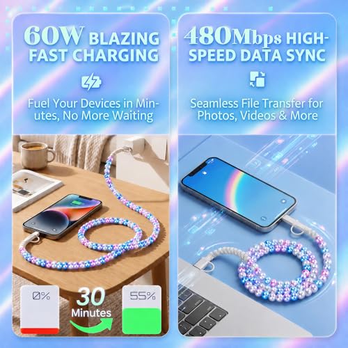 Image of 4-in-1 Beaded Charging Cable, MFi Certified, Works with CarPlay, 3.3FT 60W Fast Charger Cord for iPhone 17 /16 /15 /14 /13 /12 /11, iPad, Samsung, Android and More (Mermaid Glow)
