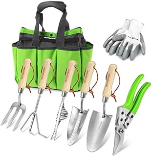 WORKPRO 8 Piece Garden Tools Set, Stainless Steel Hand Tools with Wooden Handle, Including Gloves, Trowel, Weeder, Hand fork, Hand Rake, Transplanter, Pruner and Garden Tote