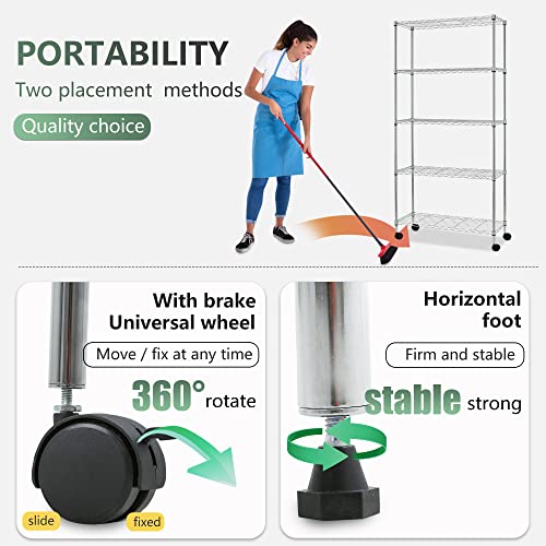 Image of BestOffice | 5-Tier Wire Storage Shelves with Wheels | 14x30x60 | Chrome | Adjustable Racks | Heavy-Duty Metal Shelf, Holds Upto 220 lbs | No-Tool Assembly | Ideal for Home & Garage Shelving