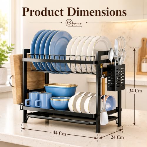 Image of COMFYHOME Utensils Drying Rack, 2-Tier Carbon Steel Dish Drying Rack, Saving Countertop Organizer with Drainboard, Drainer Tray & Utensil Holder,Rust-Resistant Suitable for Plates, Cutlery, Bowls.