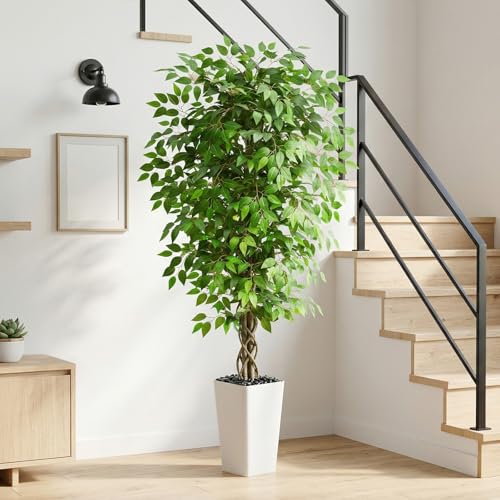 Artificial Ficus Tree 5FT Faux Plants Indoor Tall Fake Plants with White Tall Planter, Green...