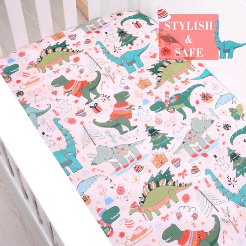 Image of JISEN Christmas Fitted Crib Sheets for Boys Girls 52x28 Inch Dinosaurs Pink