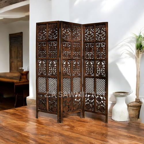 Image of Wooden Partition for Living Room, Privacy Divider, Wooden Room Separator, Divider for Office, Partition for Puja Room, (Mix Frame Design - Brown) (6 Feet 3 Panel)