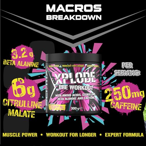 SCI-MX - X-PLODE Pre-Workout - 300g - Tropical Flavour - 250mg Caffeine, 6g Citrulline Malate, 3.2g Beta Alanine / serving - Suitable for Vegetarians + Vegans - Image 3