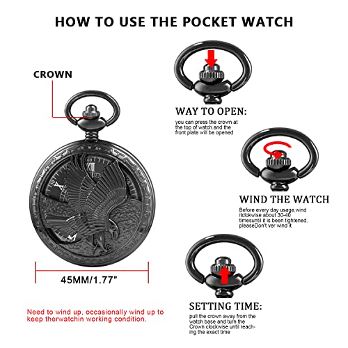 Whodoit Black Hollow Eagle Hand Wind Mechanical Pocket Watch, Black Dial Blue Roman Numerals Pocket Watches For Men Gifts #TOP6