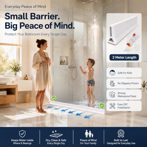 Image of 2M Shower Water Barrier 5cm, Silicone Water Dam & Shower Threshold Strip, Self Adhesive Water Stopper with Glue for Bathroom Floor, Shower, Bathtub & Kitchen Sink