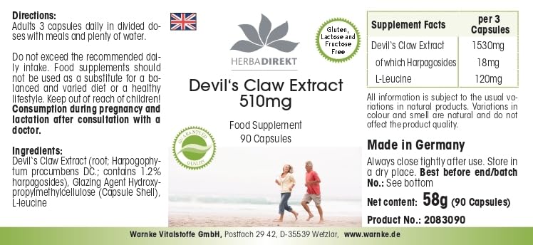 Teufelskralle Extrakt - 510mg - 90 Kapseln - schluckfreundlich - vegan - hochdosiert | HERBADIREKT by Warnke Vitalstoffe - Deutsche Apothekenqualität
