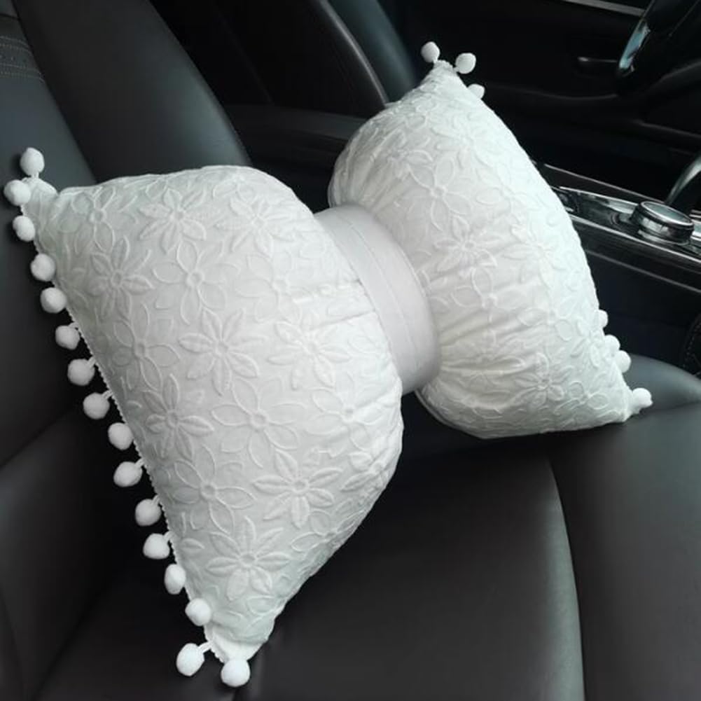 Lace Flower Car Headrest Pillow Lovely Bow Tie Pillow Sofa Decorative Bowknot Throw Pillows Chair Lumbar Waist Cushion (White, 45×65cm/17.7"×25.59"(Waist Pillow))