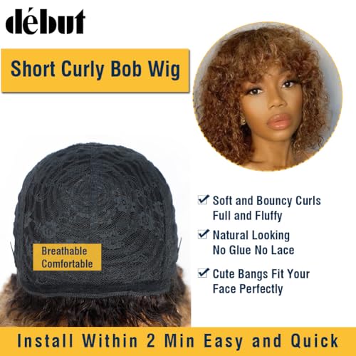 DÉBUT Human Hair Wig With Bangs - Short Curly Bob Jerry Curl for Black Women 150% Density Non Lace Front Glueless (12 Inches, TT2/27) - Image 2