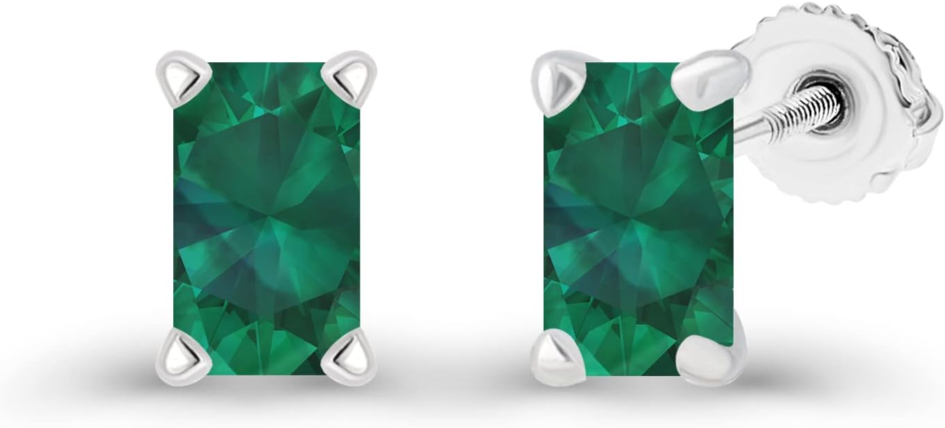 14K Gold Plated 925 Sterling Silver Hypoallergenic 6x4mm Emerald Cut Prong Set Genuine Birthstone Solitaire Screwback Stud Earrings