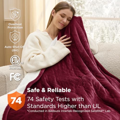 Image of Bedsure Heated Blanket Throw Blanket - Fast Heating Electric Blanket, Soft Flannel Throw with 6 Time Settings(Up to 10H), 6 Heating Settings, Warm Gifts for Grandma & Grandpa (50 inchx60 inch, Burgundy)