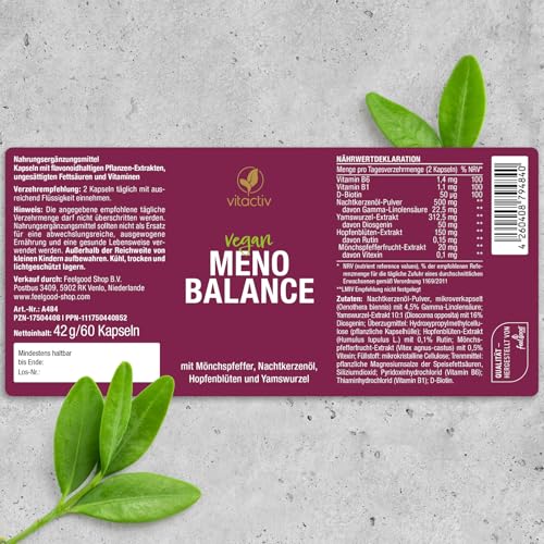 VITACTIV MenoBalance - Wechseljahre Pflanzlich - Nachtkerzenöl, Yamswurzel, Hopfen, Mönchspfeffer plus B Vitamine - Gegen Symptome - Hormonfrei & Vegan - 60 Menopause Kapseln
