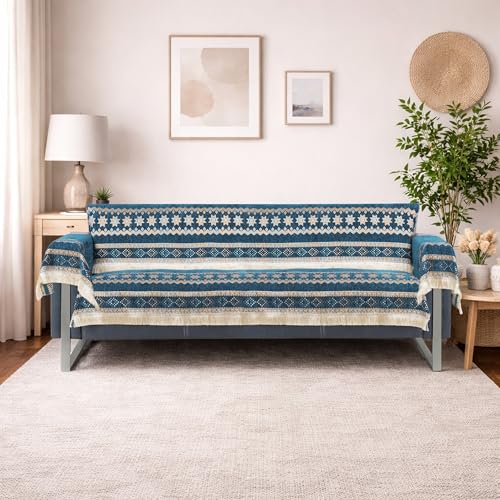 Image of Elegant Woven Turquoise Sofa Cover Soft Chenille Traditional Pattern with Lace Style | L-Shape Sectional Seat Protector for Living Room | Durable & Stylish Slipcover 3 Seater with Arms