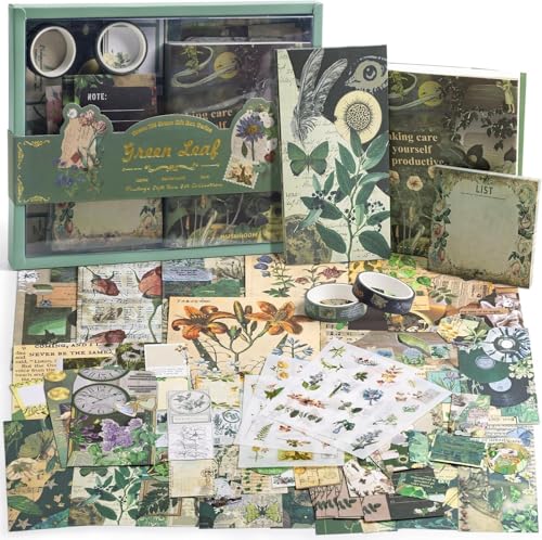Image of GDNK 346pcs Vintage Journal Scrapbook Pack Kit for Art Journaling Bullet, Planners DIY Paper Stickers, Craft Kits Notebook, Collage Album Aesthetic Sticker (Moonlight) (Green Leaf)