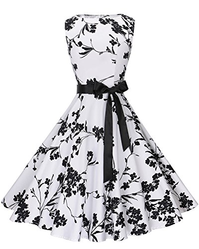 Anni Coco Women's 1950s Hepburn Vintage Swing Dresses with Ribbon Belt Floral 7 Large
