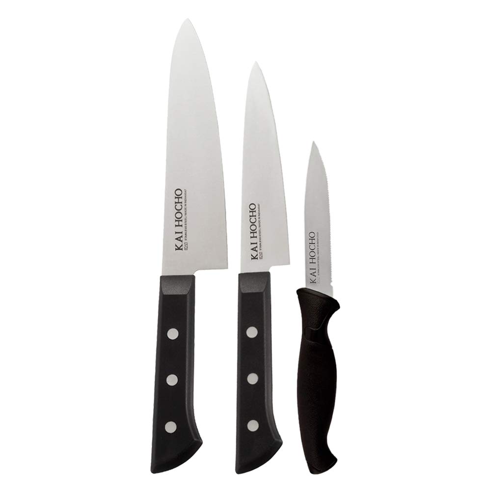 Kai Hocho Japanese Premium Chef Knive 7.36 Inc, Micro Serrated Knive 3.7 Inc, Premium Petty Knive 4.8 Inc, Black Stainless...